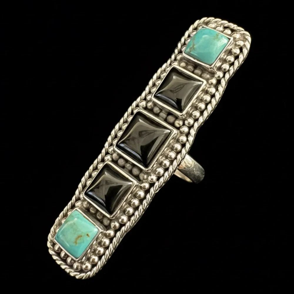 Sterling Silver and genuine, turquoise and Black onyx stones‎ Women's Ring